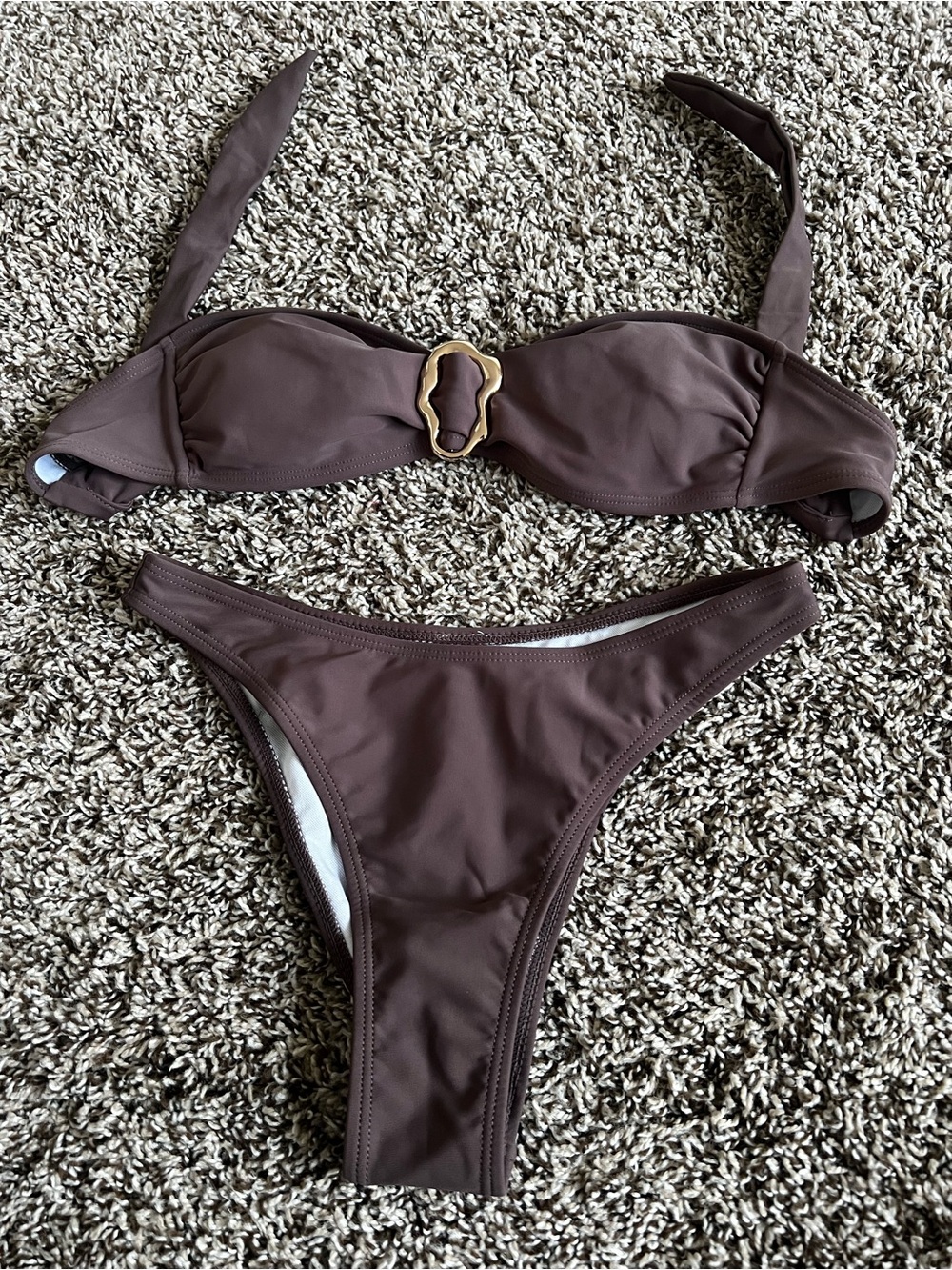 Women’s Chocolate Brown Bikini Set with Gold Accent